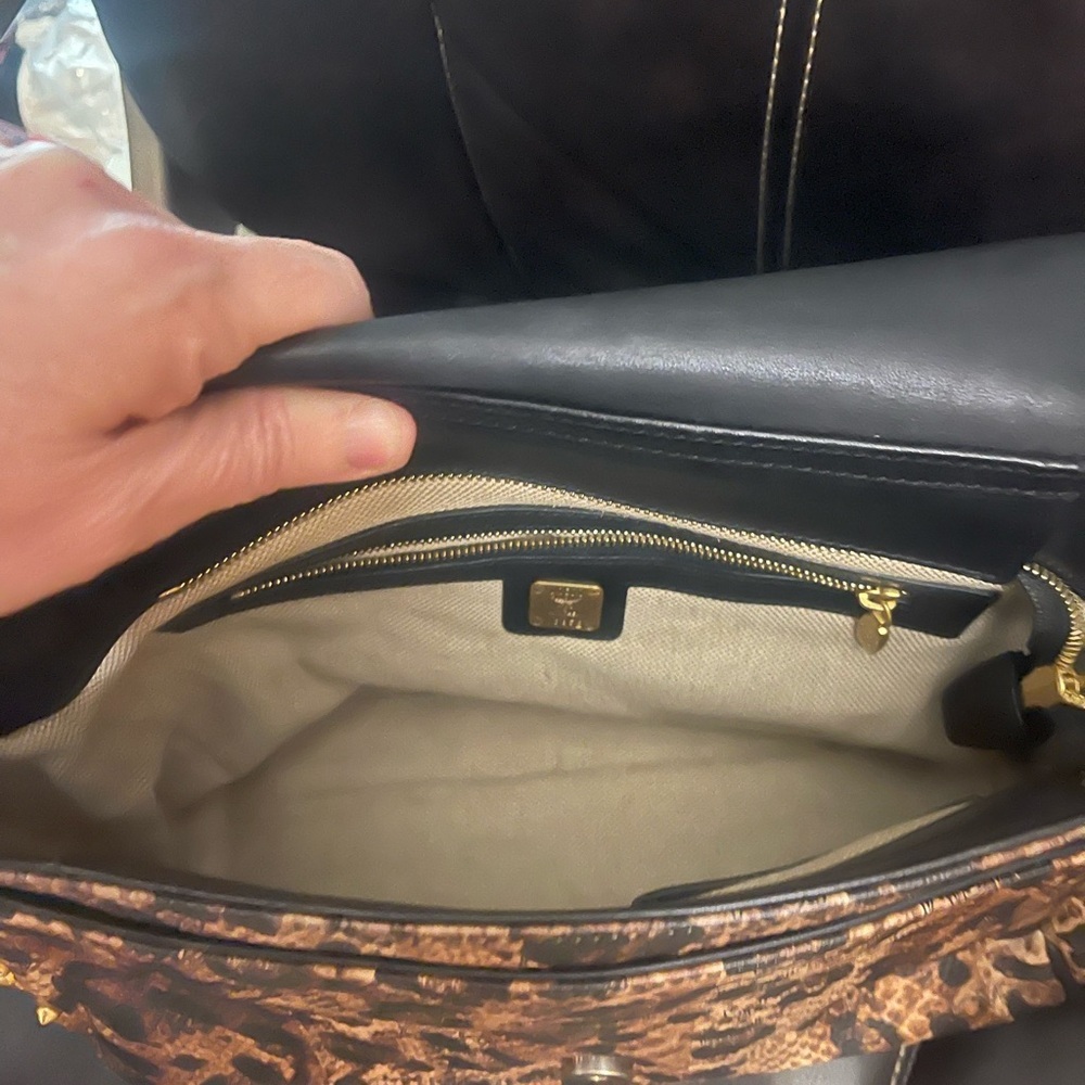 MCM Leopard Print Satchel with Black Trim and Gold Studs - Picture 7 of 9